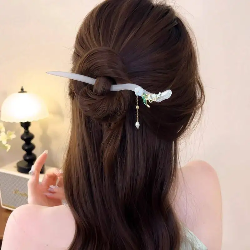 Chinese Style Hanfu Cheongsam Resin Hairpins Vintage Tassel Lily Valley Bamboo Hair Sticks For Women Updo Hairstyle Nice Exquisi