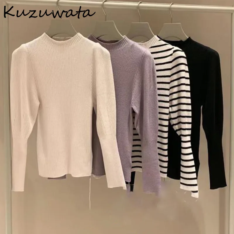 Kuzuwata Japanese Simple Knitting Pullover 2024 Autumn Winter New Women Solid Sweater Fashion Long Sleeved Bottoming Jumpers