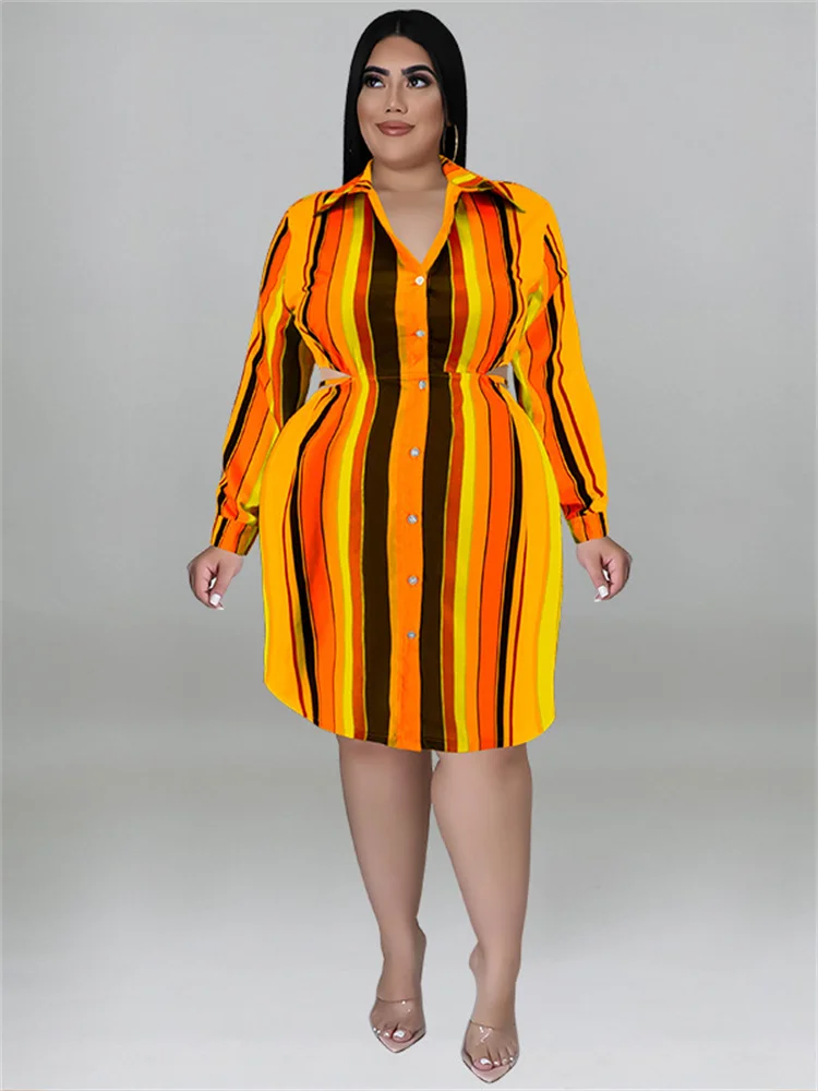 Wmstar Plus Size Dresses Women Fall Clothes Striped Hollow Out Elastic Waist Elegant Midi Shirts Dress Wholesale Dropshipping