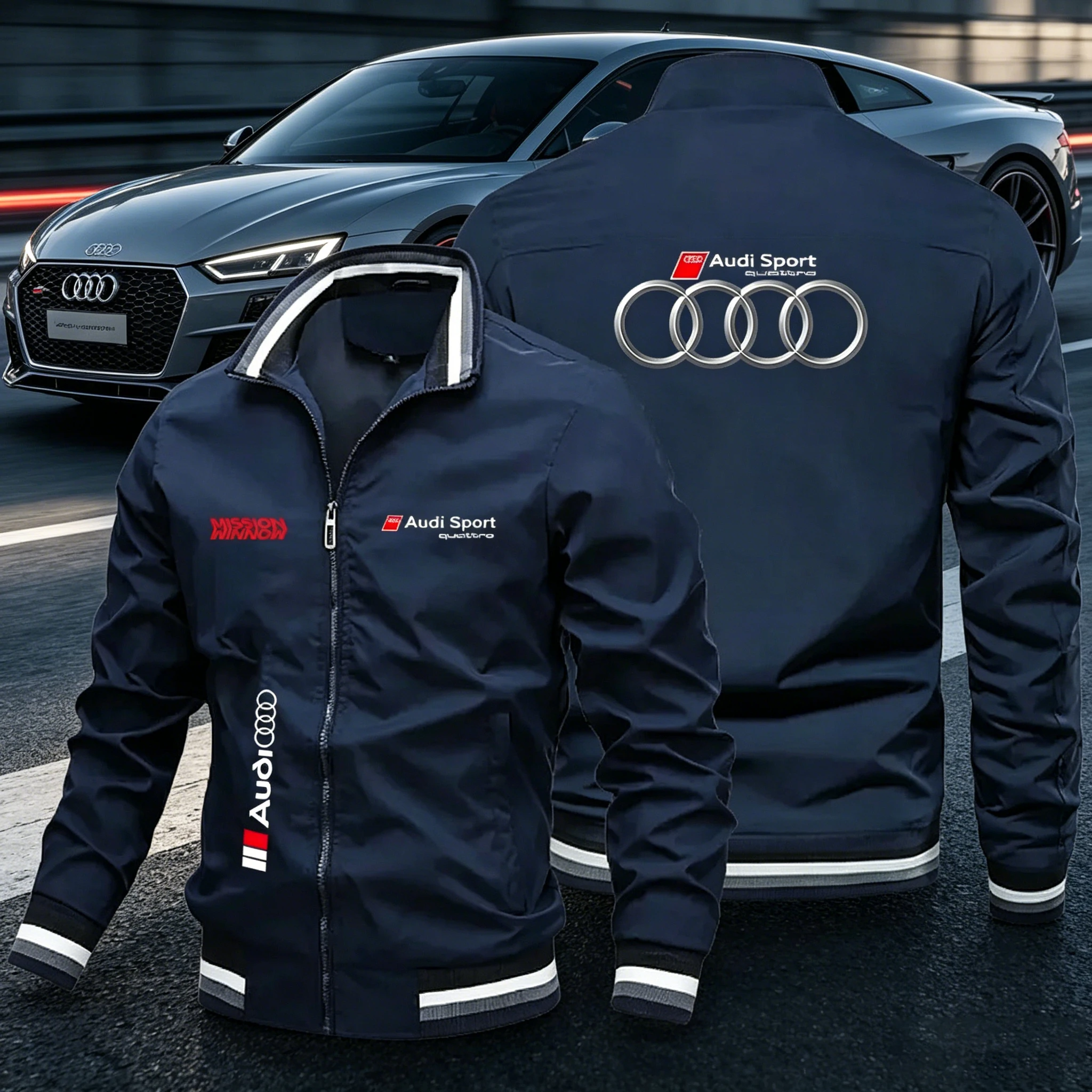 

2026 AUDI Spring Autumn Zipper Jacket Casual Sports Jacket with Side Pocket for Youths