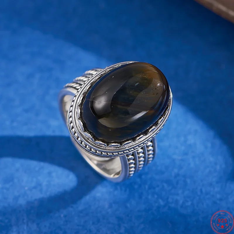 

S925 Sterling Silver Rings for Women Men Retro Relief Rivet Pattern Inlaid Tiger's Eye Wide Trendy Fashion Jewelry Wholesale
