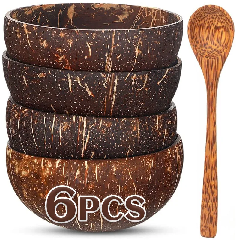 Conjuntos de cuencos de coco naturales, cuencos de coco reutilizables y cuchara de madera para postre, yogur, ensalada de frutas, batidos, vajilla de cocina
