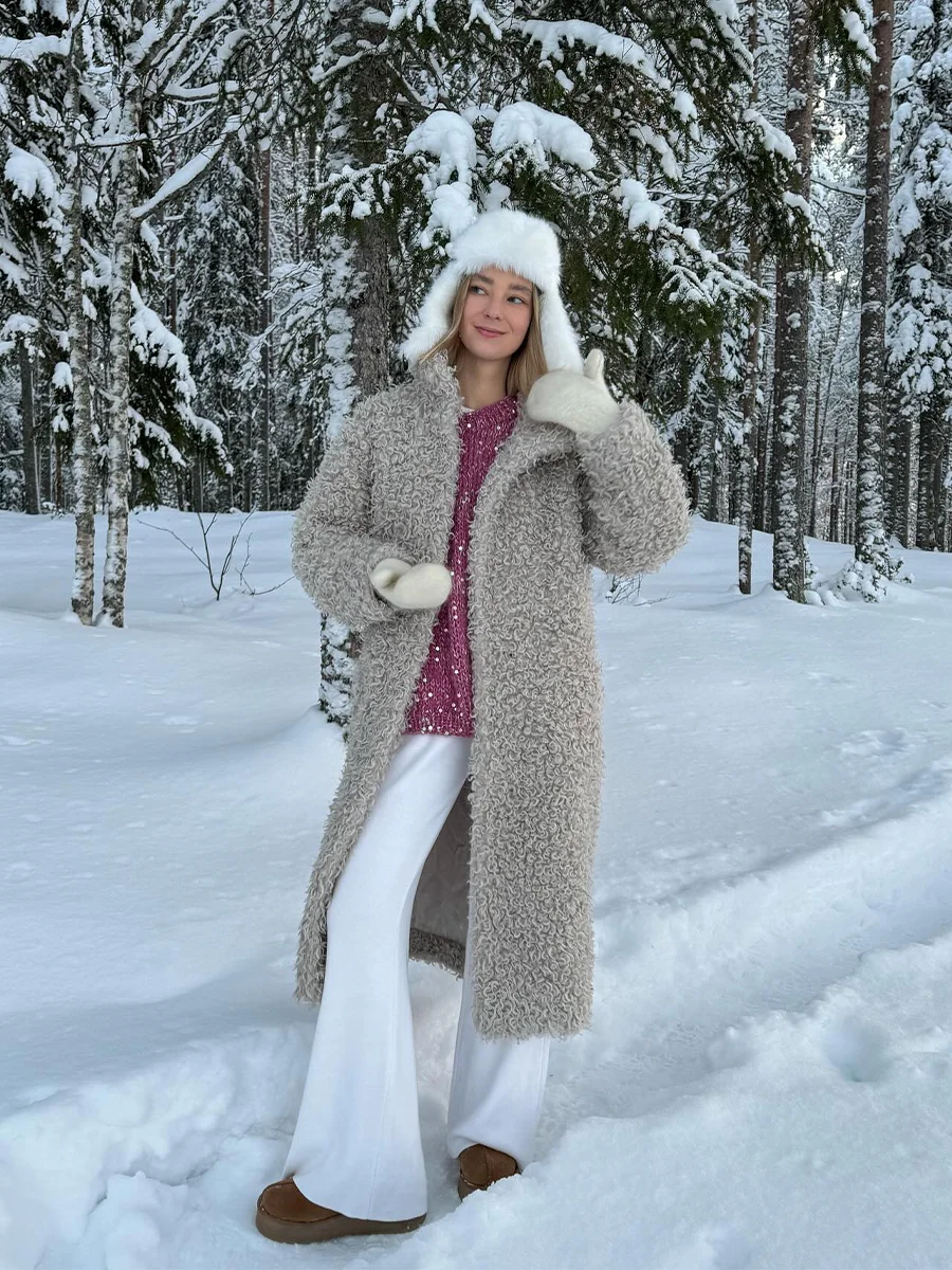 Gray Wool Faux Fur Shearling Long Coat for Women Winter 2025 Winter Fashion Trendy Teddy Maxi Coat Monki Curly Clean Fit Outwear