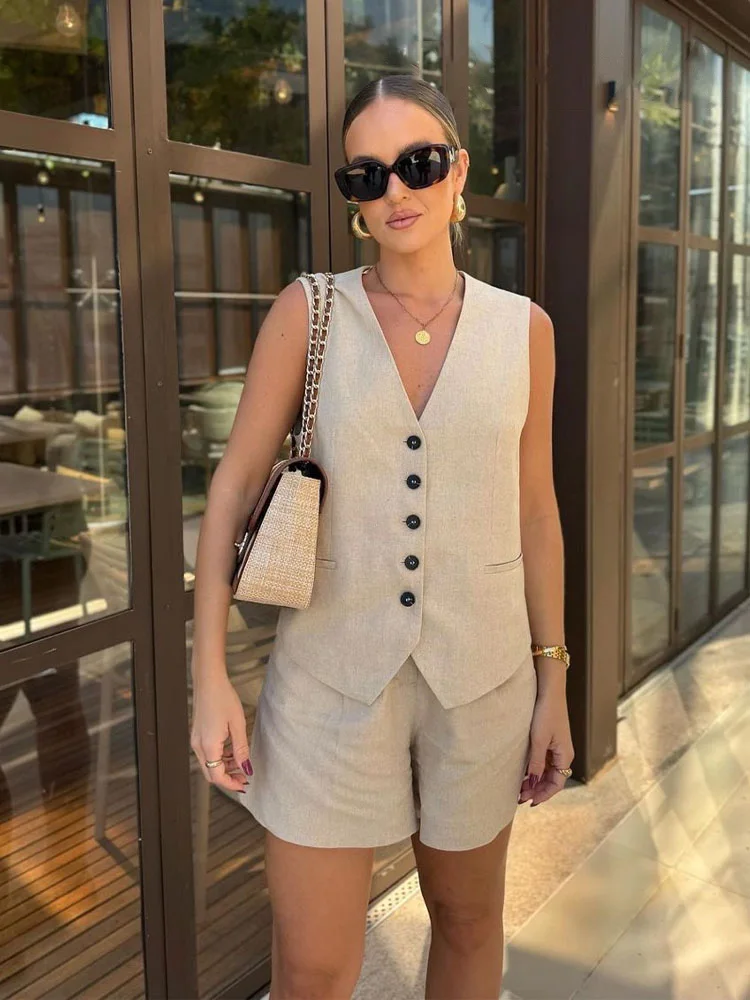 

HH Винтажные комплекты брюк для женщин Однотонный льняной жилет с v-образным вырезом Однобортный свободный жилет Топ Шикарный женский элегантный костюм с шортами