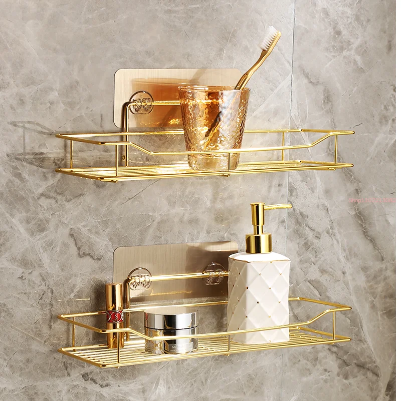 Stainless Steel Golden Towel Rack Bathroom Storage Rack Countertop Cosmetic Storage Wall-mounted Non-perforated Storage Rack