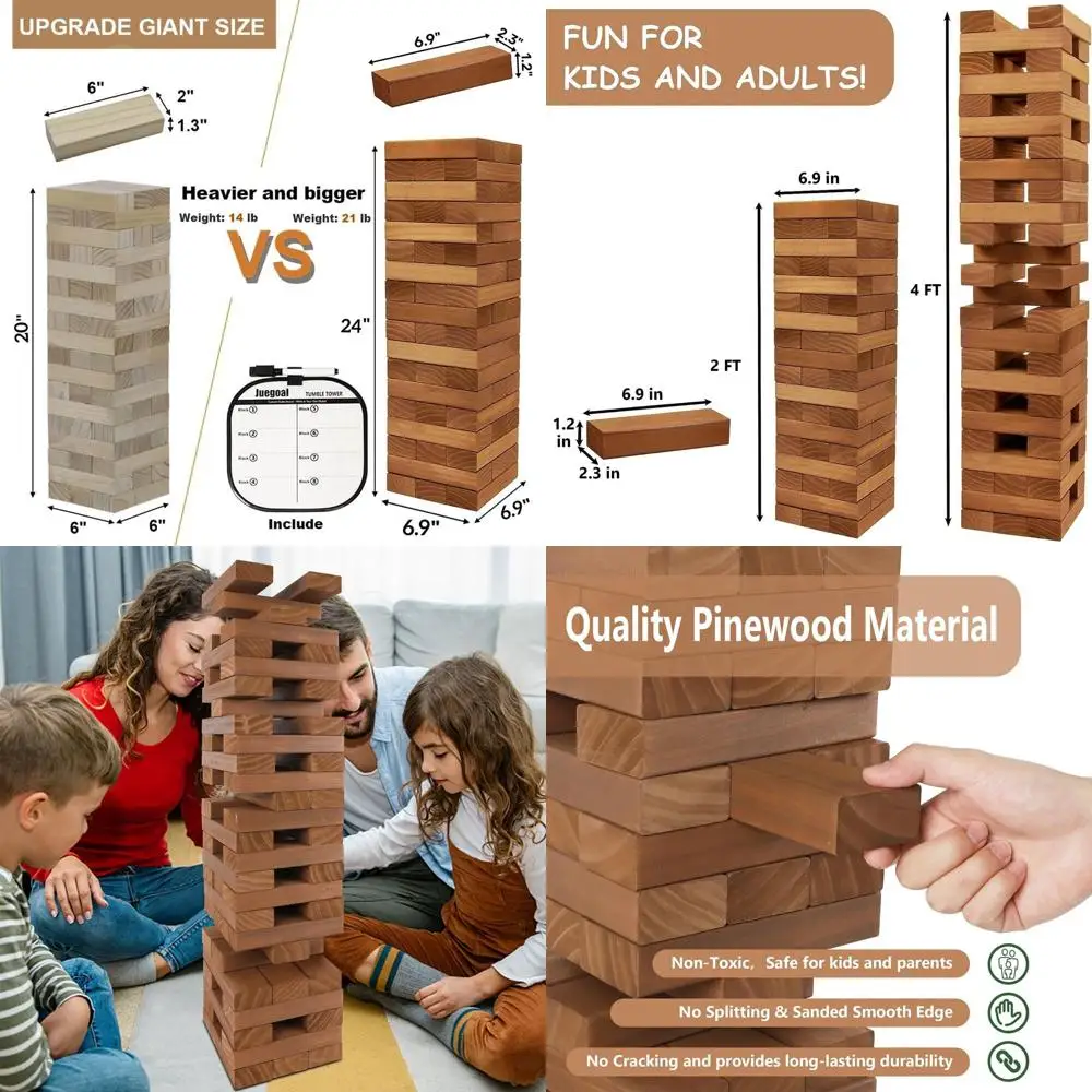 เกมต่อบล็อกไม้ยักษ์ 54 ชิ้น - ความสนุกแบบครอบครัวสำหรับผู้ใหญ่และเด็ก, เกมปาร์ตี้กลางแจ้งบนสนามหญ้าพร้อมกระเป๋าหิ้ว, ขนาด 6.9x6