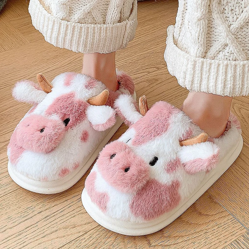 

Furry Cartoon Cow Home Slippers Women Winter Indoor Thick Bottom Women's Cotton Slippers Closed Toe Cute Plush Slides Mujer