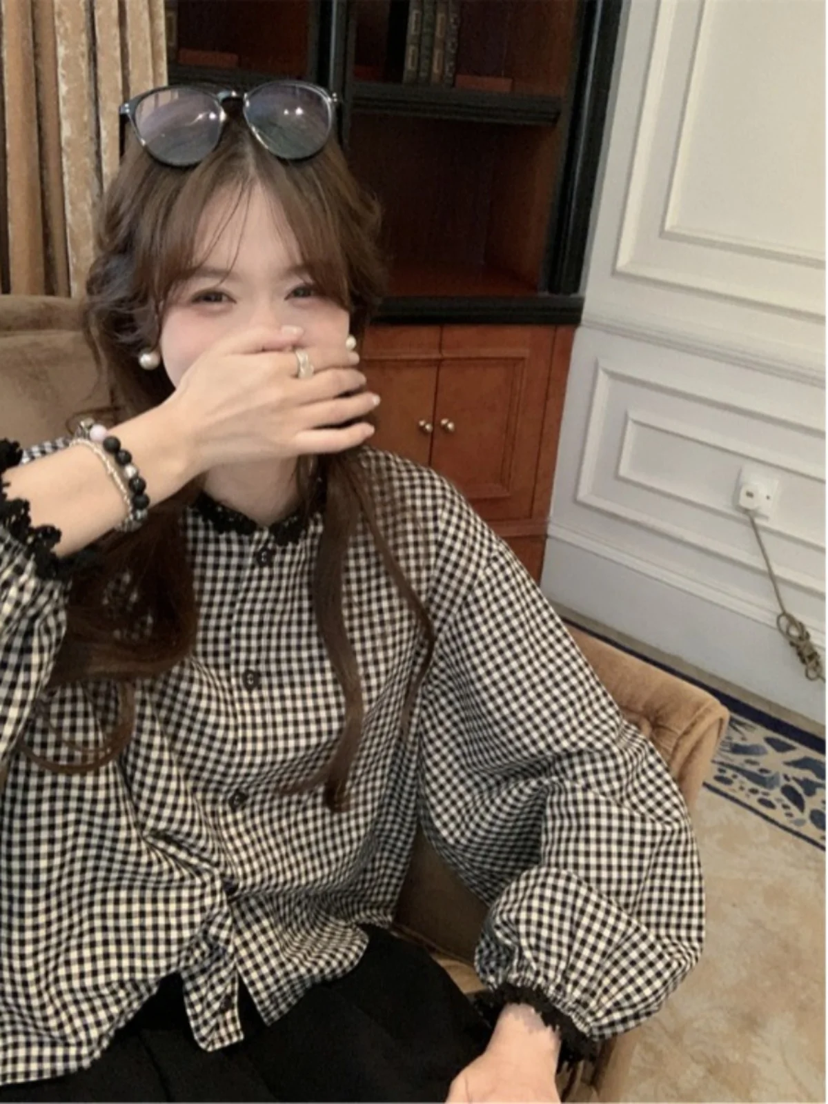 

Милая клетчатая рубашка с длинным рукавом и кружевными вставками в японском стиле, универсальная осенняя рубашка для девушек в стиле Tea Girl