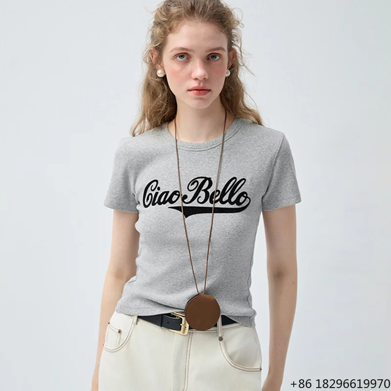 rib-knit-slim-fit-short-sleeve-tops-letter-print-casual-fashion-daily-women-tops