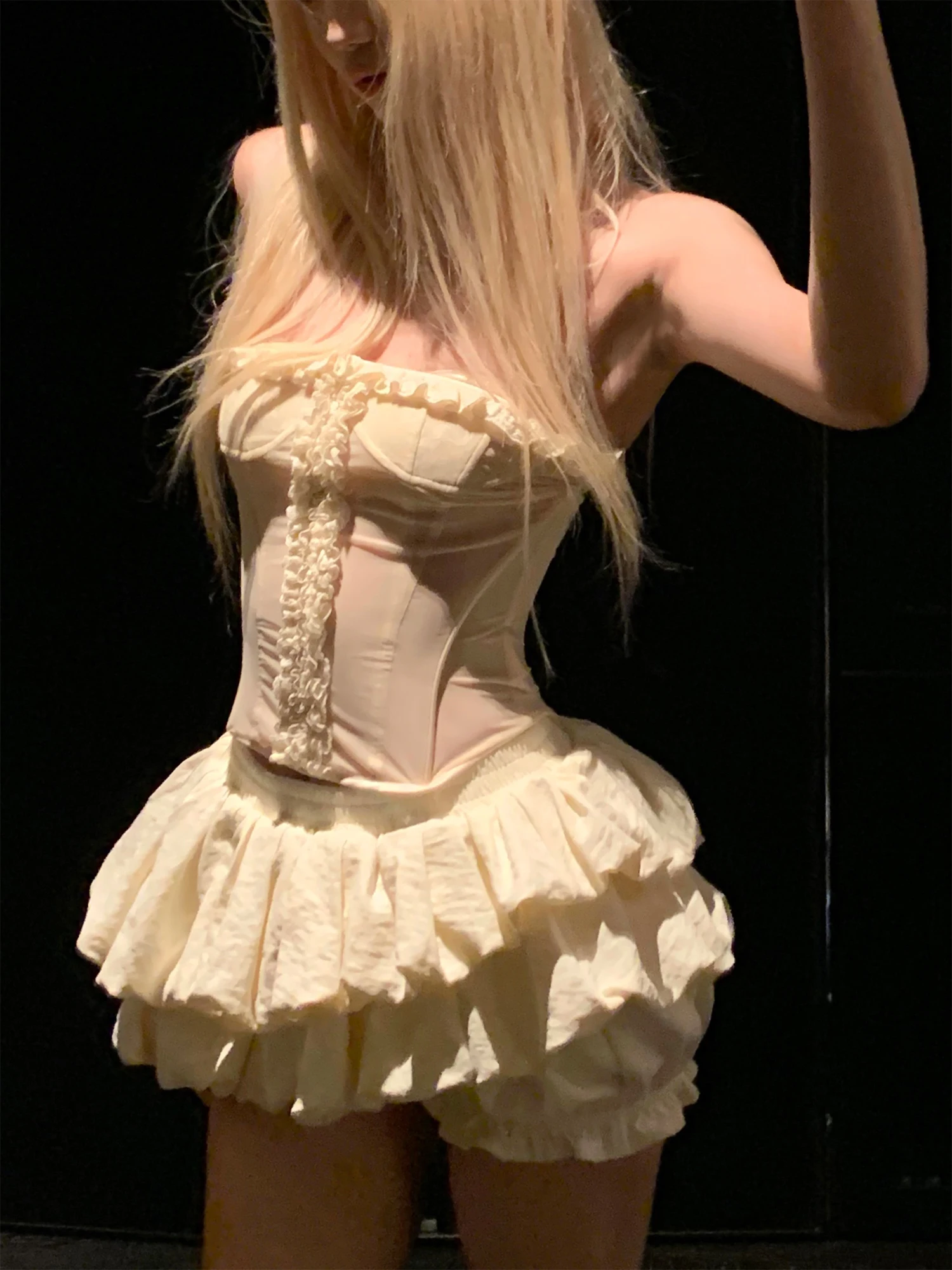 Puffy Short Skirt Double Layered Floral Bud High Waist Miniature Polyester Nylon Rase Le Sol Cream Cake Style Women's Skirt