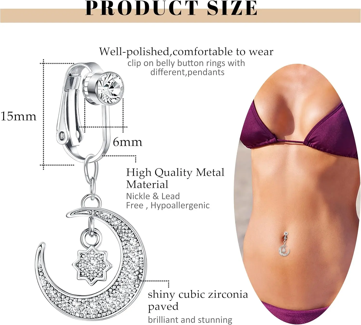 FASACCO Fake Belly Ring for Women Dangle Belly Piercing CZ Evil Eye Dangling Navel Rings Non Piercing Jewelry Clip on Belly Ring