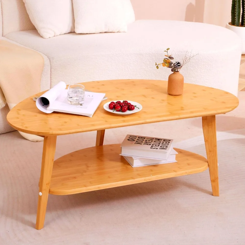 

Coffee Table for Living Room, Solid Wood Oval Coffee Table, 2 Tier Space saving Wooden Coffee Tables for Home Office Living room