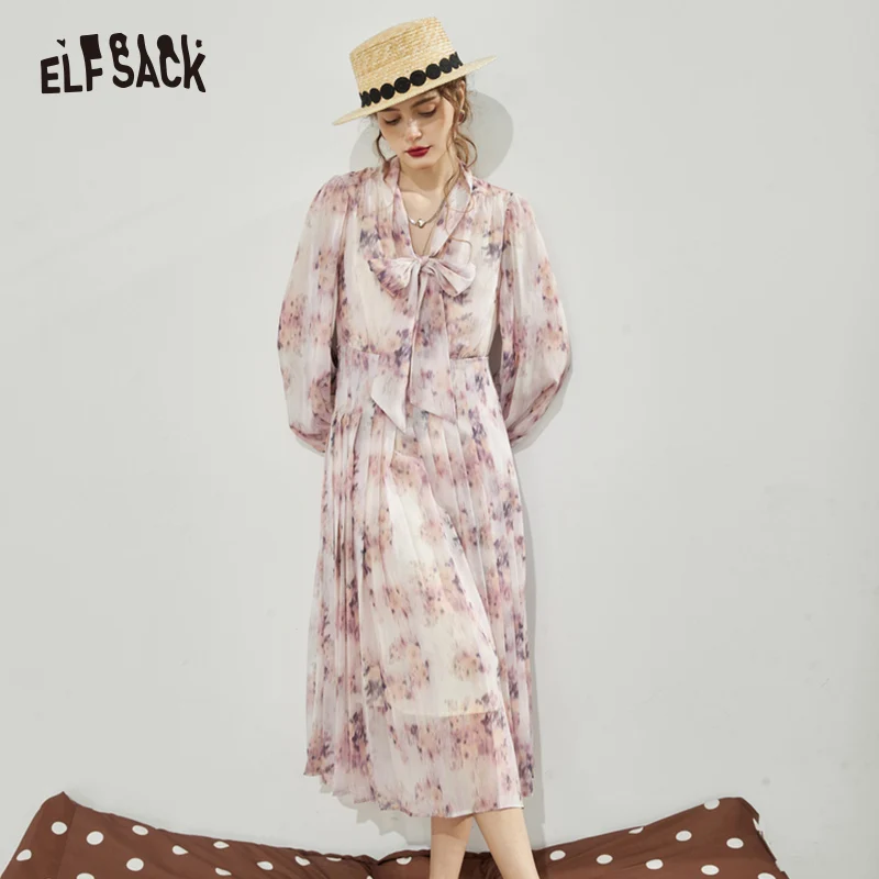 ELFSACK Bow Chiffon Floral Dresses Women 2023 Spring Waist Long Sleeve Daily Dress