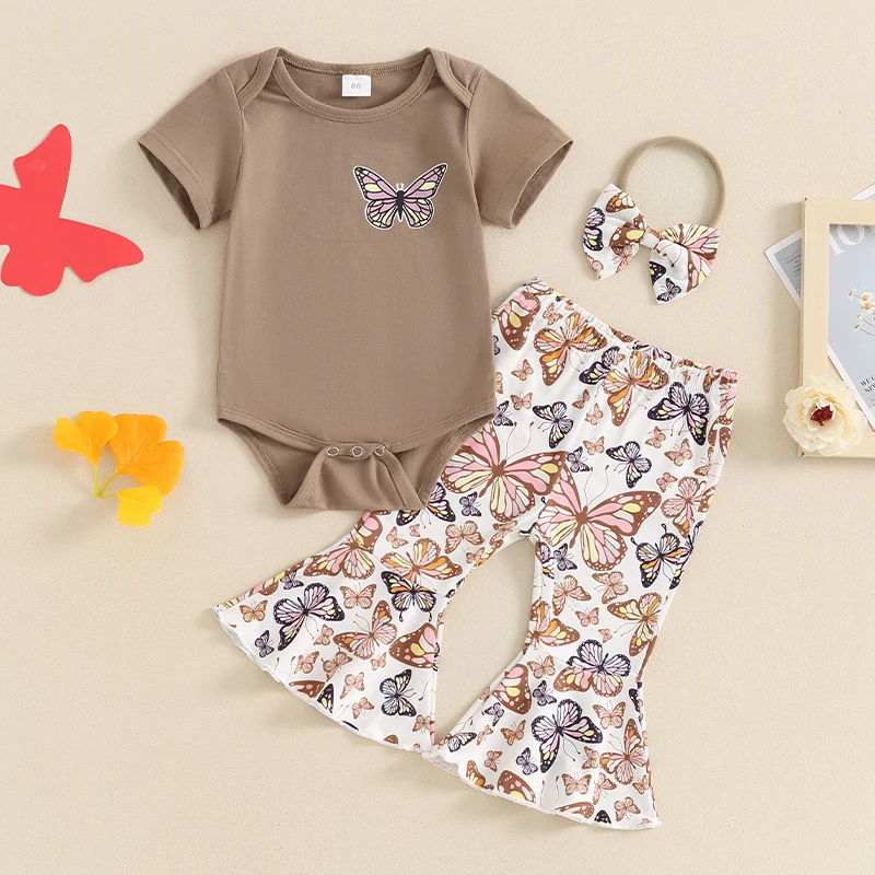 

Infant Baby Girl Summer Clothes Short Sleeve Romper Bodysuit Butterfly Print Bell Bottoms Pants Set 3Pcs Outfit