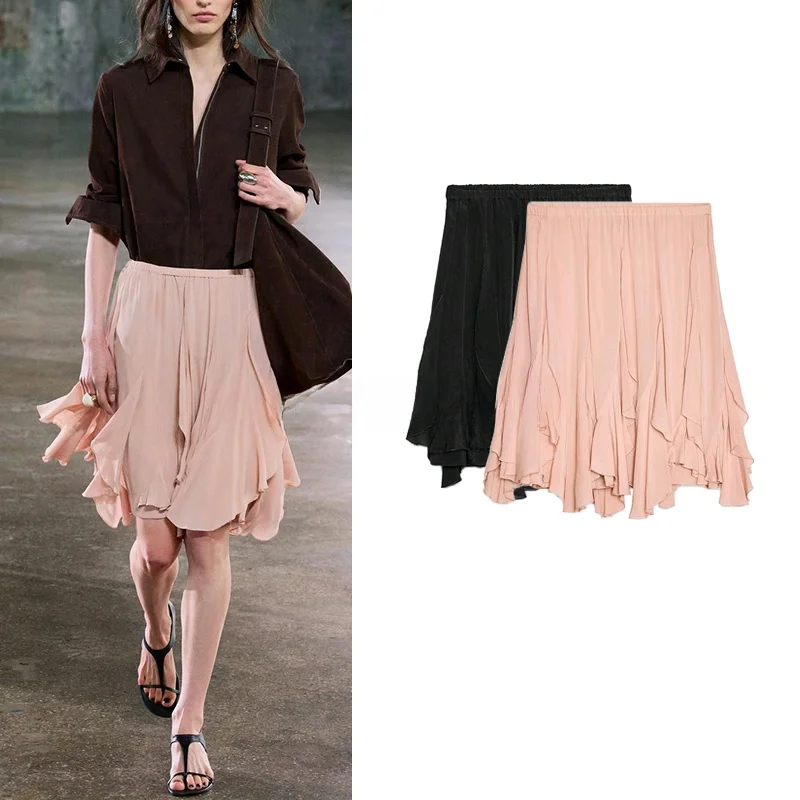 High Waist Asymmetric Hem Layered Decoration Holiday Sle ort Skirt Commute Loose Fit Pure Color Polyester Fiber Skirt