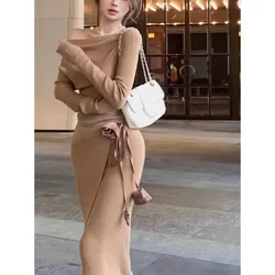 Frenh Sexy Knitted Suits Women Casual Lace-up 2 Piece Skirt Sets Office Lady Korean Fashion Clothing Evening Party Vintage Chic