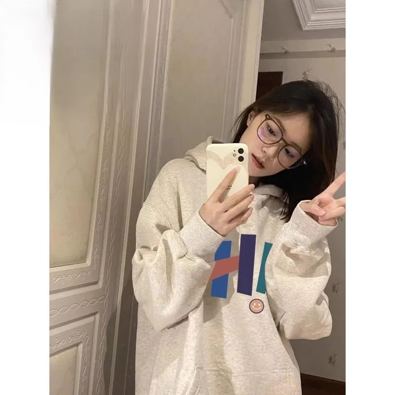 

Флисовая толстовка со шляпой, женские толстовки с принтом, весенний укороченный Harajuku, японский ретро, эстетический, милый костюм для похудения, микс GF