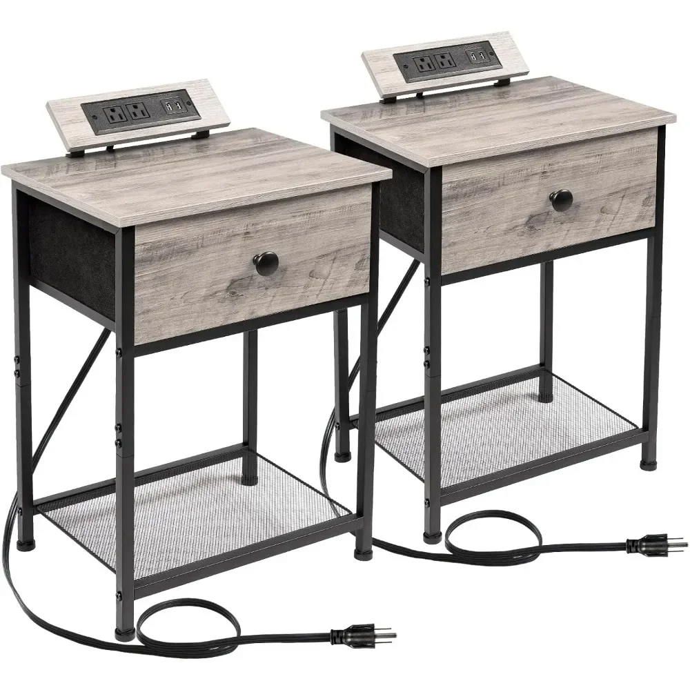 

Nightstands Set of 2, Small Night Stands with Charging Station, End Side Tables with USB Ports & Outlets, Slim Bedside Table