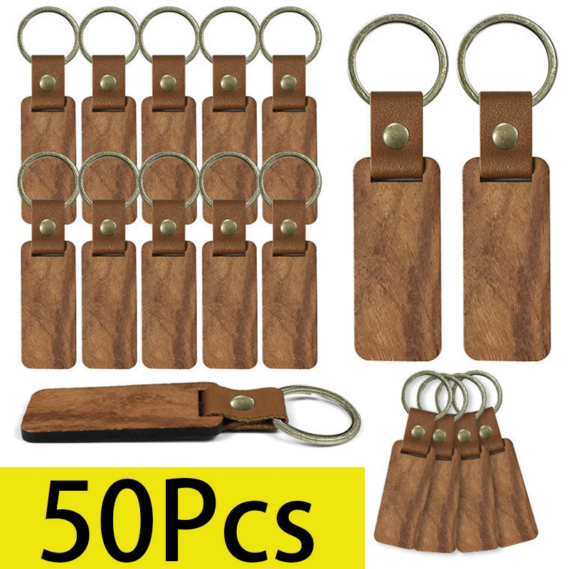 

50Pcs Rectangle Wooden Keychain Wood Keyrings