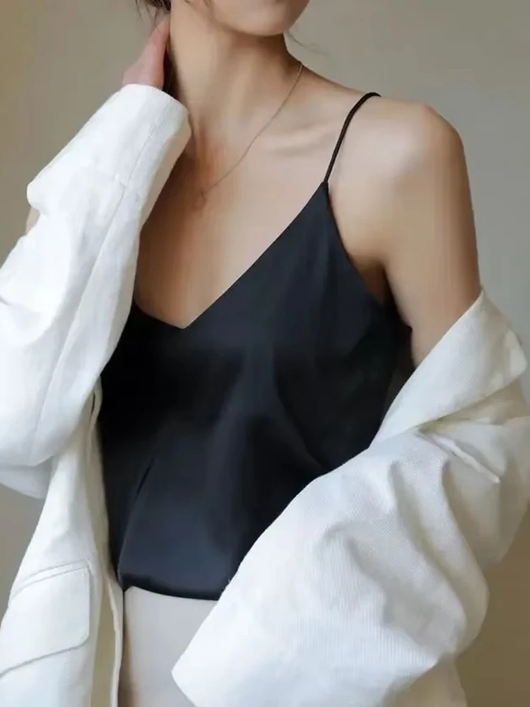 Women Halter V Neck Basic White Cami Spaghetti Strap Top Sleeveless Satin Silk 2026 Tank Tops Women'S Summer Camisole image 6