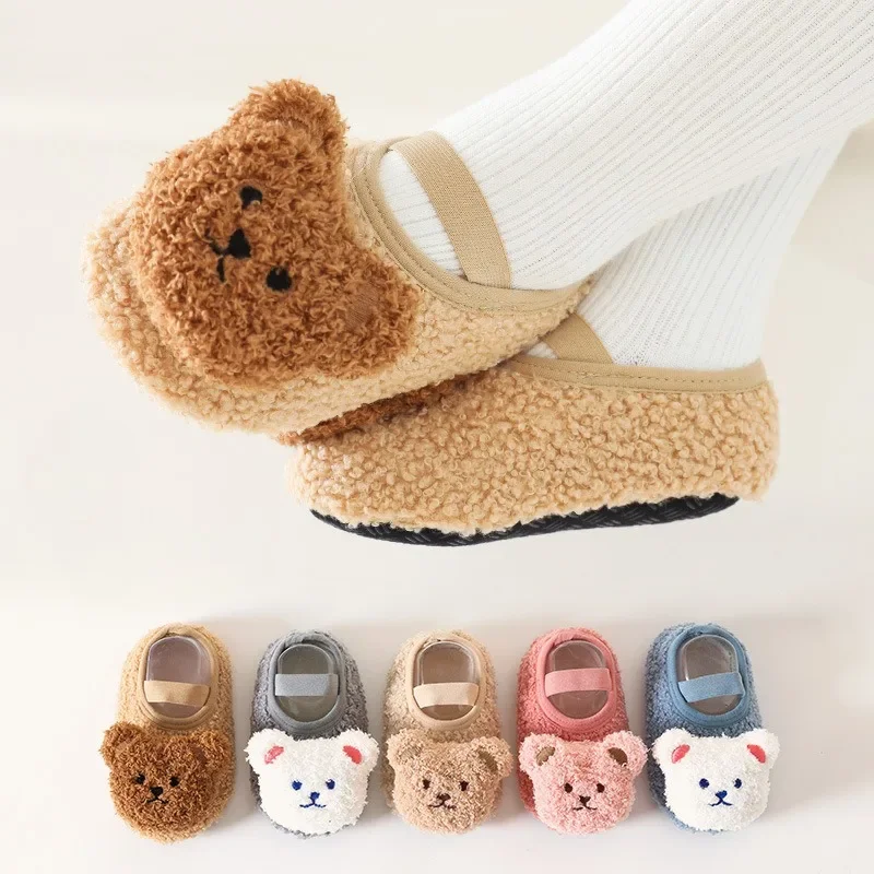 Cartoon Bear Baby Shoes Winter Thick Warm Newborn Shoes Non-slip Soled Soft Plush Toddler Kids Boy Girls Infant First Walkers