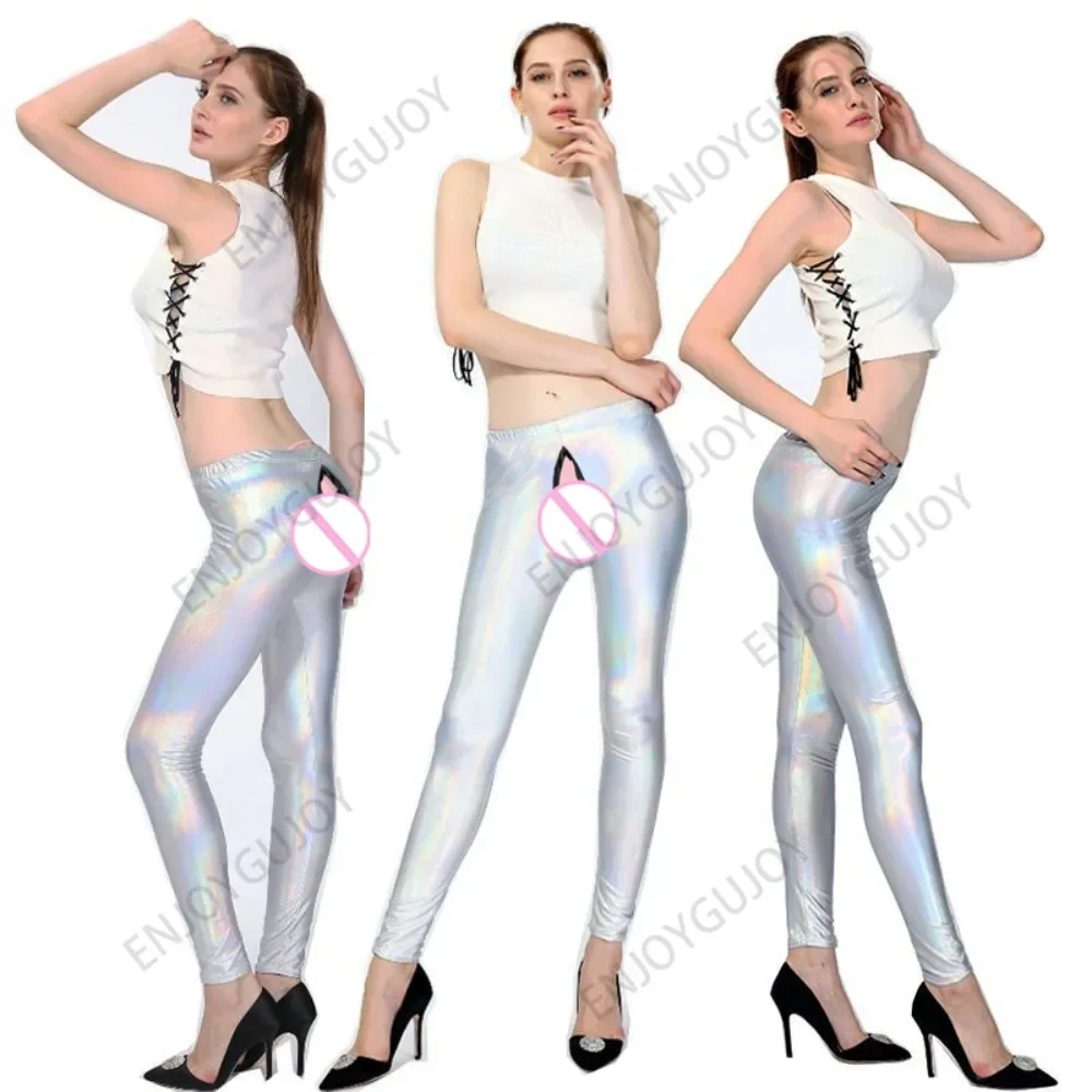 

Glossy Faux Leather Pants,Invisible Open Crotch Outdoor Sex Women's Leggings,Shiny PU Trousers Night Club Fashion Slim Fit