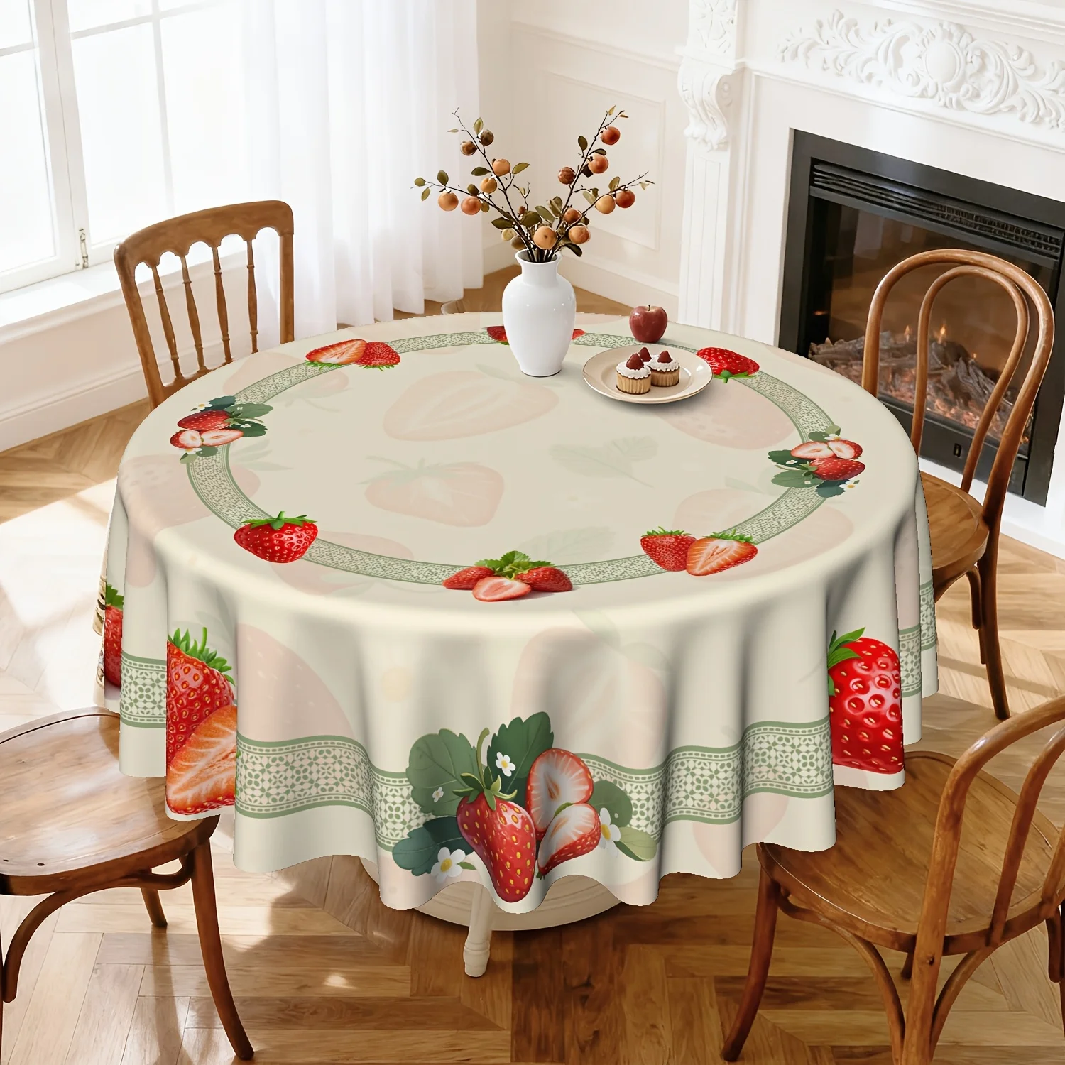 One strawberry-themed tablecloth, made of polyester, with a retro design featuring strawberries and white flowers.
