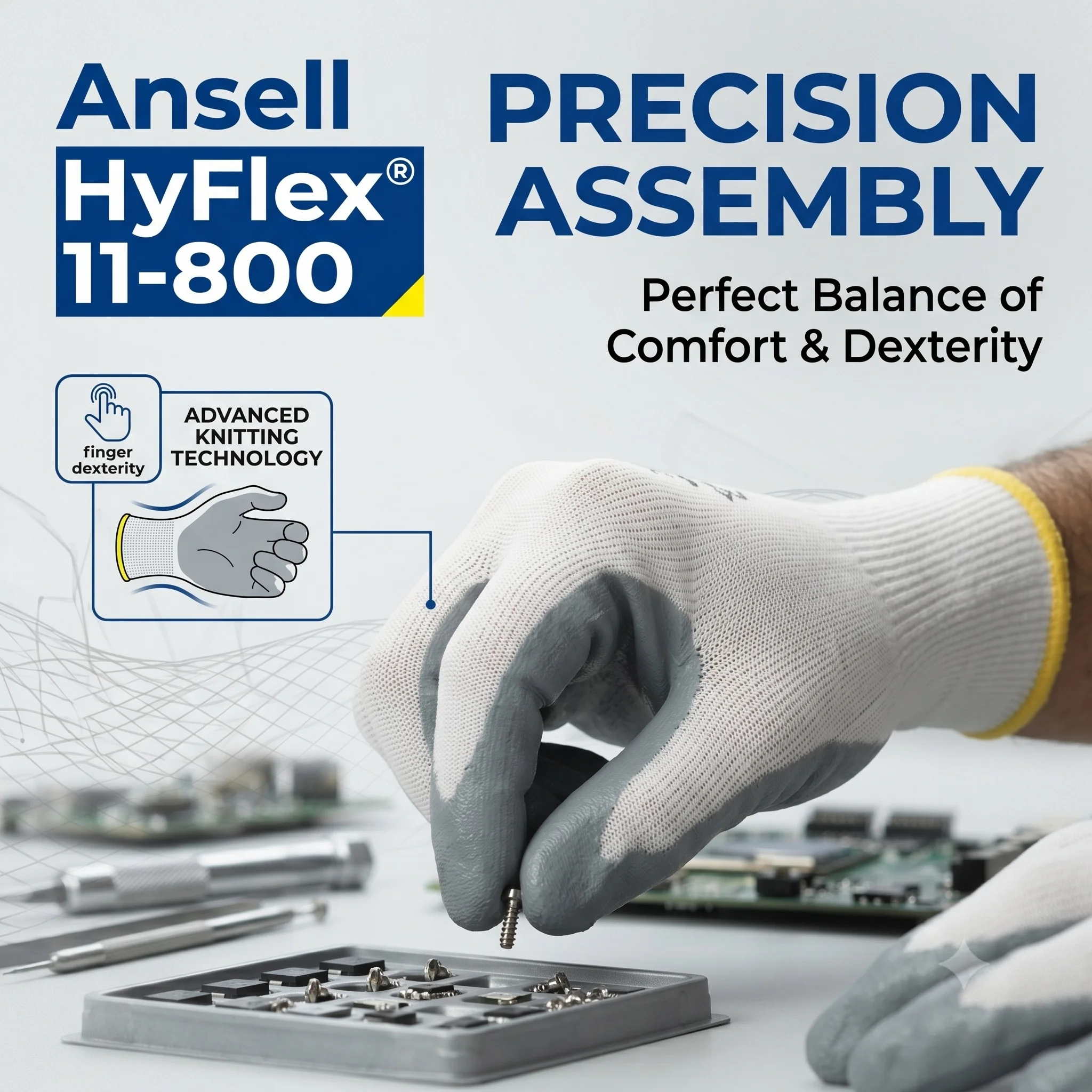 Ansell HyFlex 11-800 Anti Slip Breathable Mechanical Glove 15 Gauge Nylon Palm Coated Elastic Mechanic Hand Protective Gloves