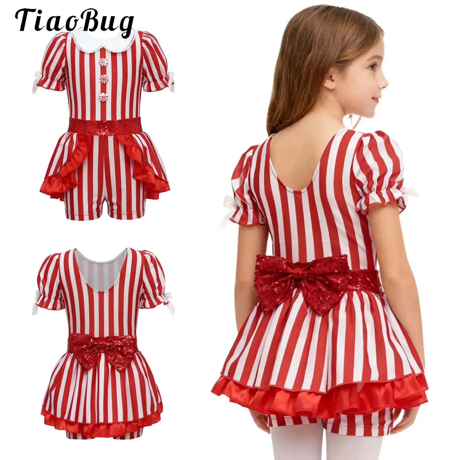 

Kids Girl Candy Cane Christmas Shorty Unitard Dress Striped Sequins One Piece Bodysuit Jumpsuit Jazz Latin Ballet Dance Costume