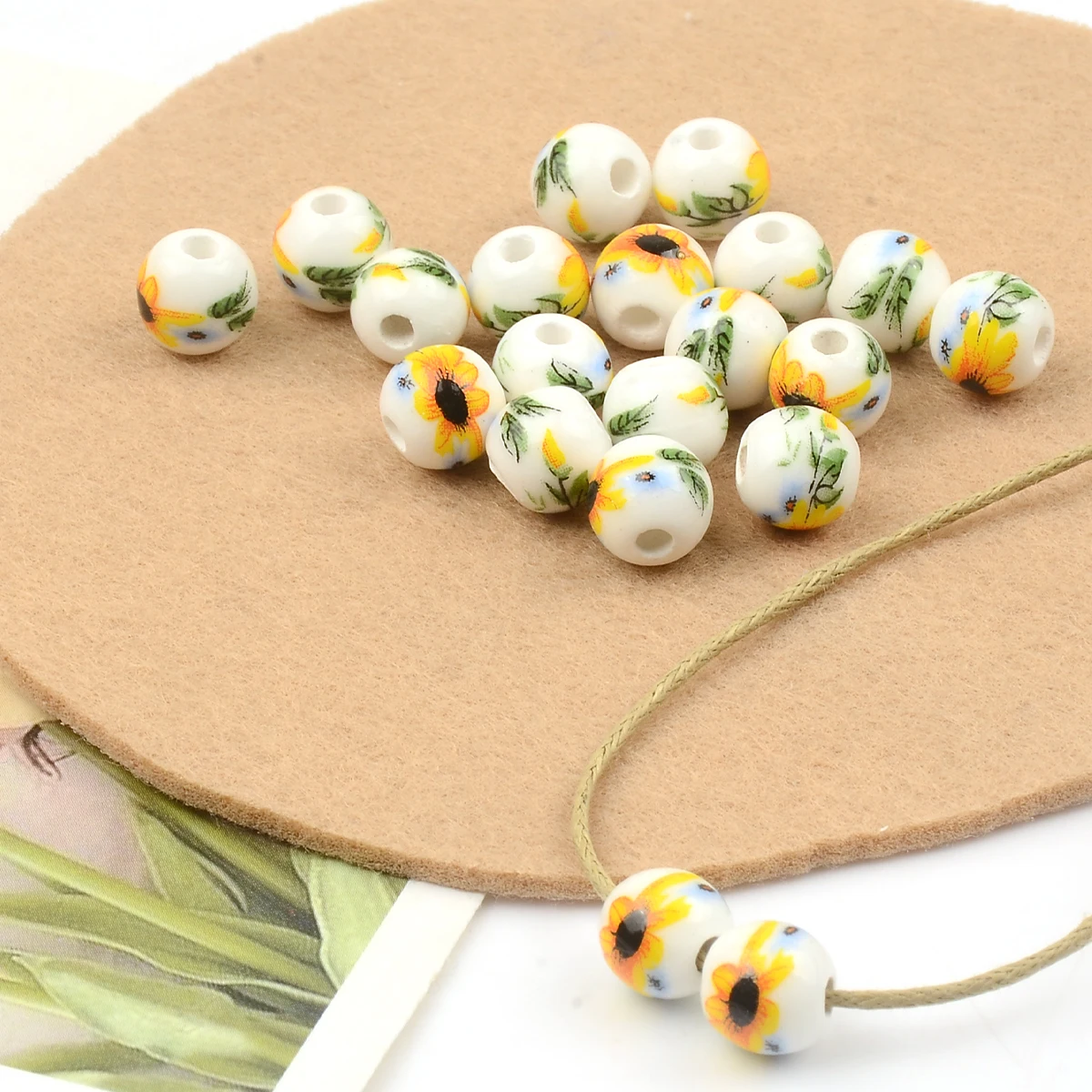 20pcs 8mm Big Hole Sunflower Patterns Round Ceramic Porcelain Loose Spacer Beads for Jewelry Making DIY Bracelet