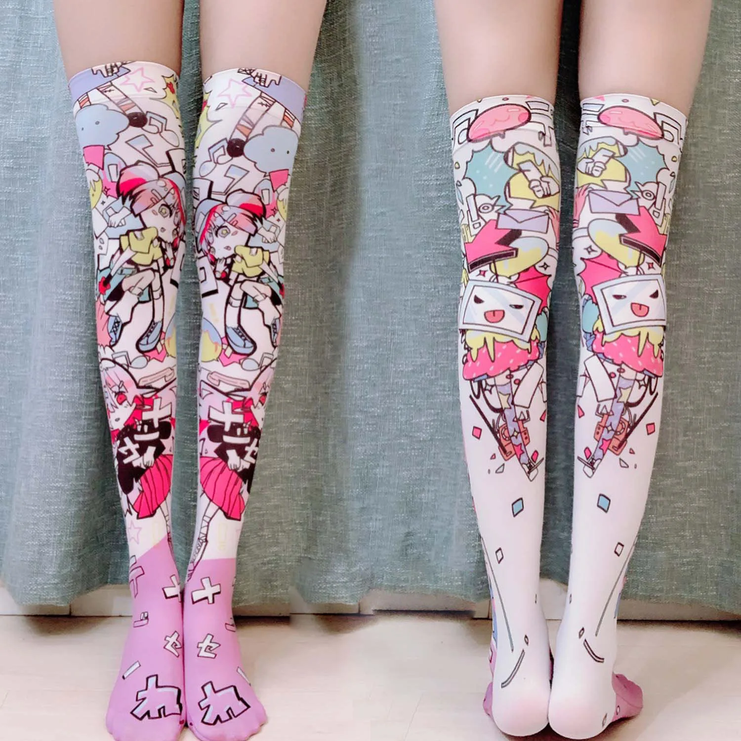 Fashion 3D Printed Women Silk Stockings Thigh High Knee Anime Cartoon Elastic Personalized Cosplay Pink Thin Cute Girl Stockings