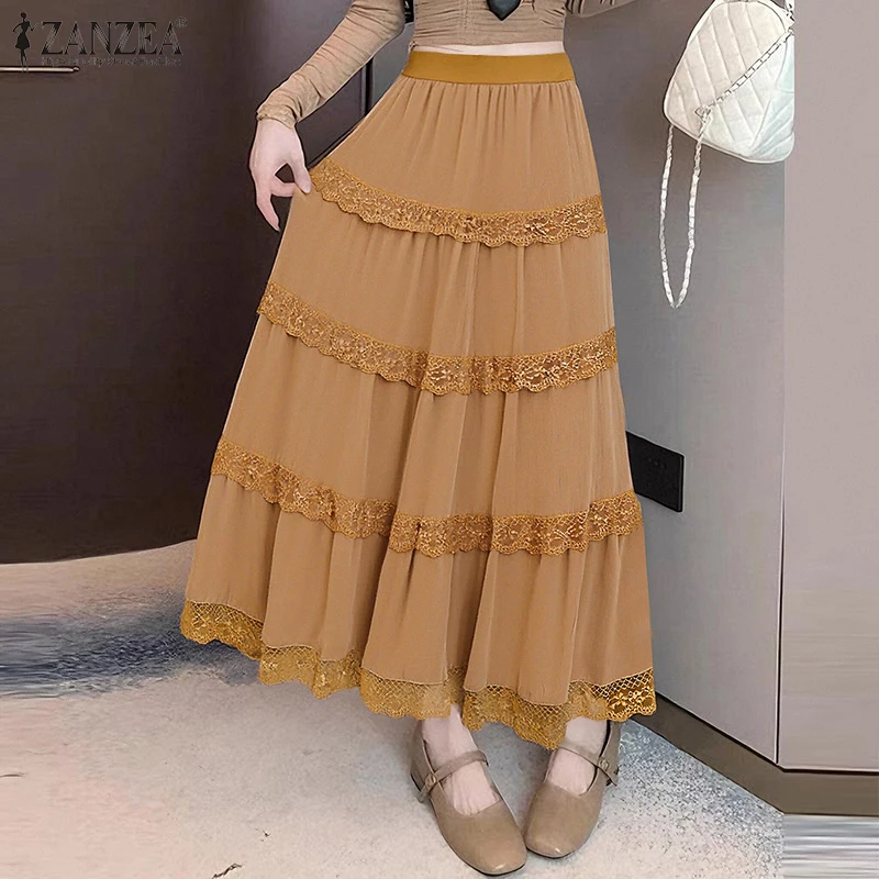 

ZANZEA Women Long Skirts Elastic Waist Jupes Faldas Saia Autumn Spring Casual Loose Ruffled Maxi Bottoms Fashion Skirts Oversize