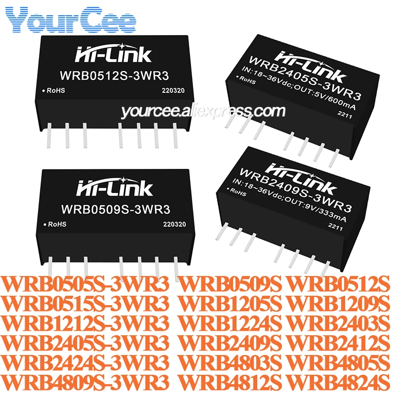DC-DC Power Module 3W Wide Voltage 5V 12V 24V 48V to 3.3V 5V 9V 12V 24V Isolated Regulated WRB0505S WRB2409S WRB4824S-3WR3