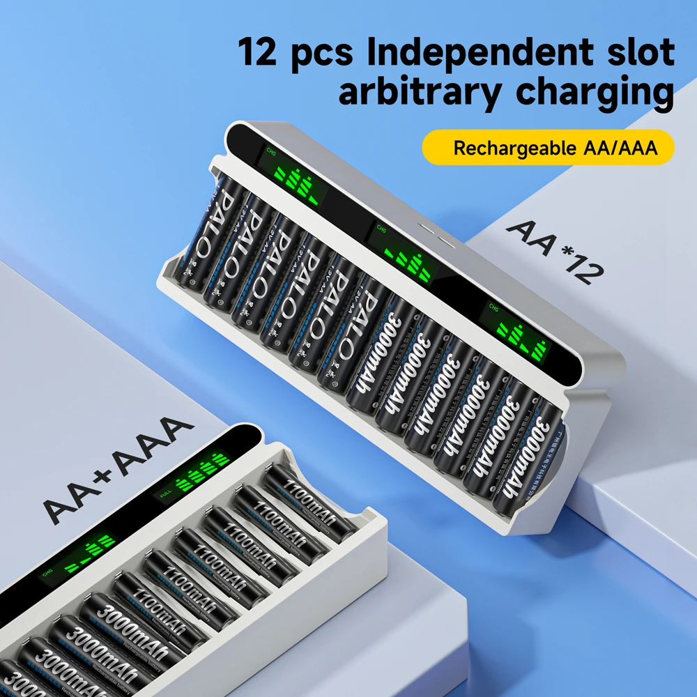 Bateria Recarregável PALO 1.2V NI-MH AA + Baterias Recarregáveis AAA 1.2V + Carregador de Bateria Inteligente LCD com 12 Slots para 1.2V AA AAA