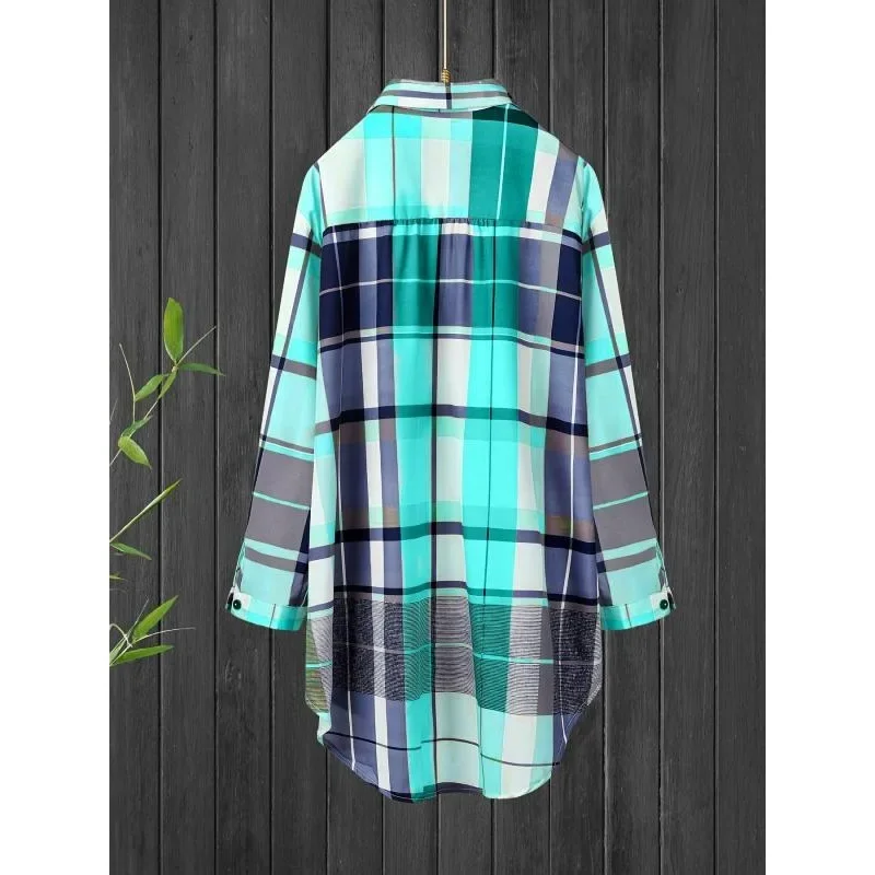 حجم كبير 1XL-5XL المرأة منتصف طول منقوشة طباعة المرأة الخريف قمصان عادية أنثى موضة كم طويل واحدة الصدر البلوزات ﻿