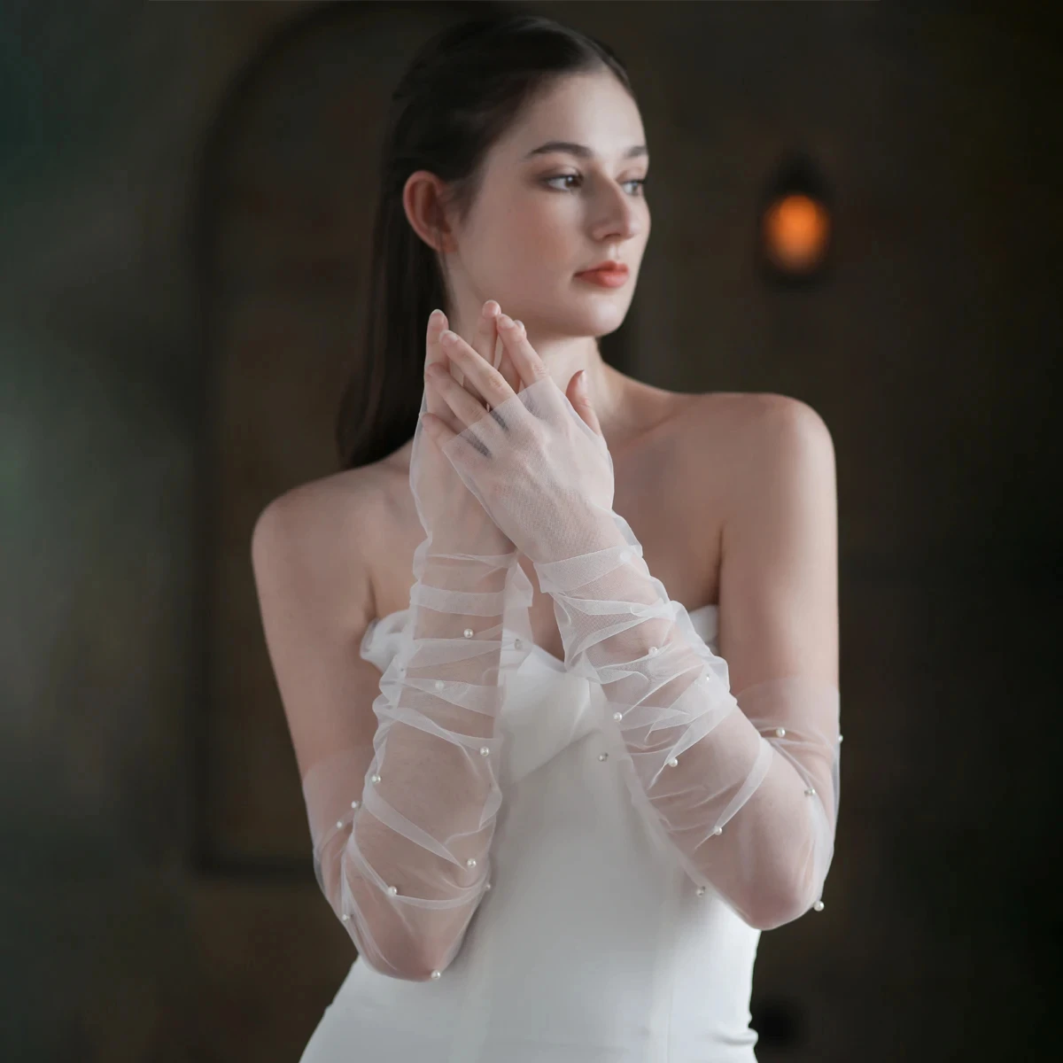 Elegant Wedding Bridal White Fingerless Long Tulle Gloves Lace Mesh Pearl Brides Bridesmaid Sleevelet Wedding Party Supplies