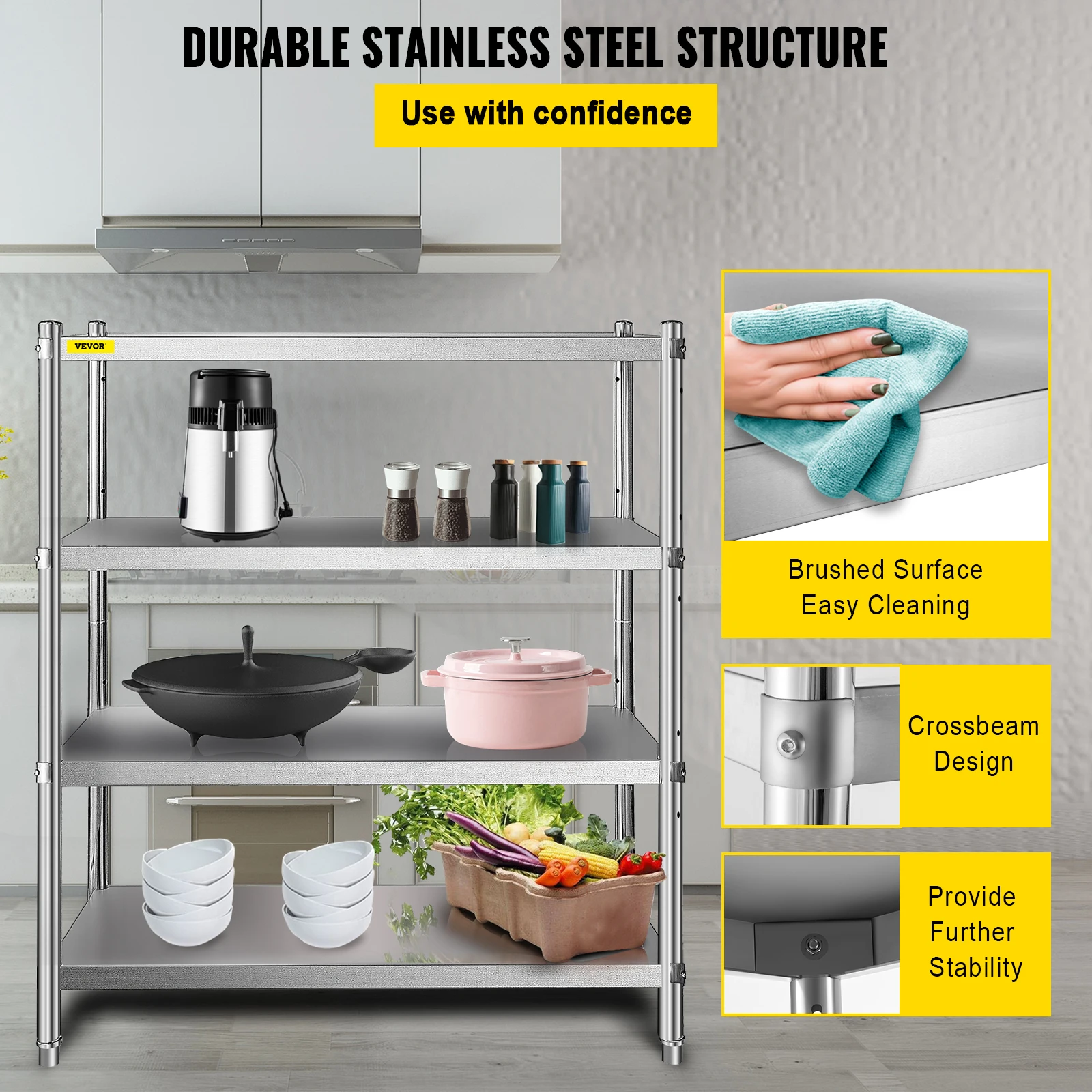 VEVOR Stainless Steel Shelving,46.8x18.5 Inch 4 Tier Adjustable Shelf Storage Unit,Heavy Duty Shelving for Kitchen Office Garage