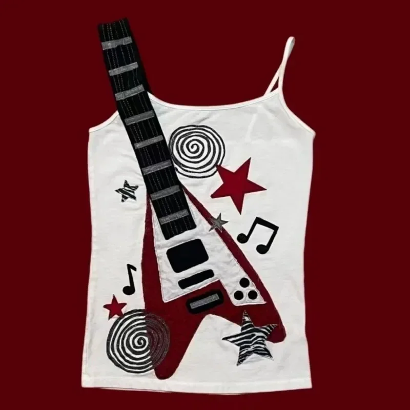 Summer New Y2K Punk Rock Trend Visual Design Musical Note Printed Camisole Vintage Fashion Hip Hop Personality Slim Emo Girl Top