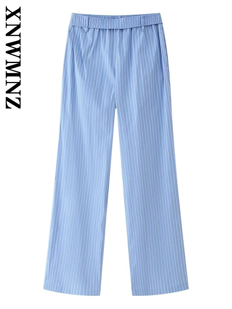 

XNWMNZ 2025 Summer Lady Casual Elastic band Bottoms High Waist Chic Woman Button Long Pants Print Regular Fit Pockets Ruffles