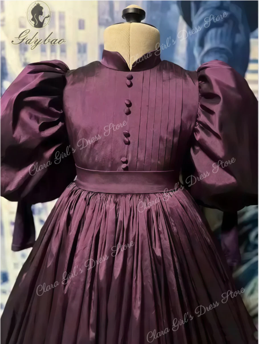 Aangepaste paarse eerste communie jurk voor kinderen pofmouwen bruidsmeisje jurk geplooide satijnen verjaardag jurk