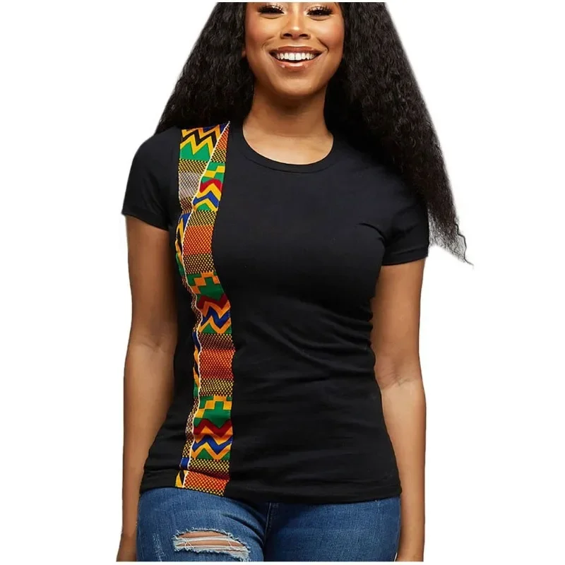 

African Kente T Shirt Patchwork Color Print Tops Short Sleeves Cotton Summer Mens Ankara Style Panel Tees O Neck Shirt For Men