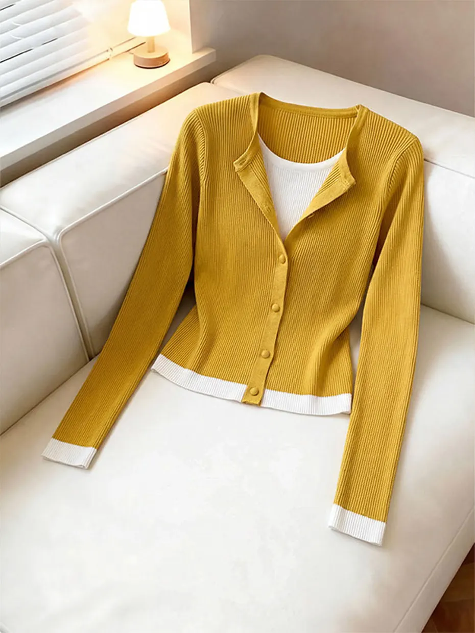 

Yellow Knitted Open Cardigan Women's Spring Autumn Inner Wear Slim Fit Long Sleeve Button up Soft Polyester Fiber Commute Style