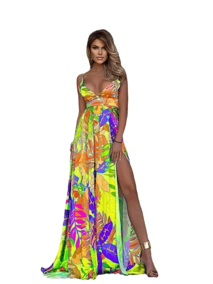 Color Print Spaghetti Strap Long Dresses Women Sexy Deep V-neck Backless Slit Dress Fashion Bohemian Beach Vacation Maxi Vestido