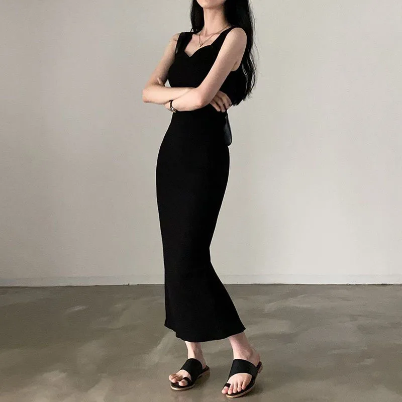 Korean Slim Black Long Dress for Women Elegant Temperament Sleeveless Split Dresses Summer Spaghetti Strap Office Lady Vestidos