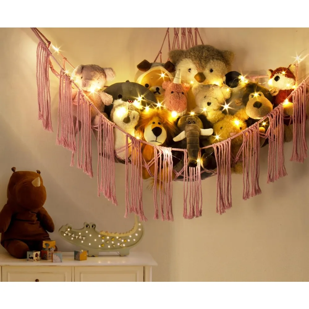 Stuffed Animal Hammock Corner Net with LED Light - Toy Storage Holder - Pink Cute Room Bedroom Decor for Teen Girls - Cute Bedro