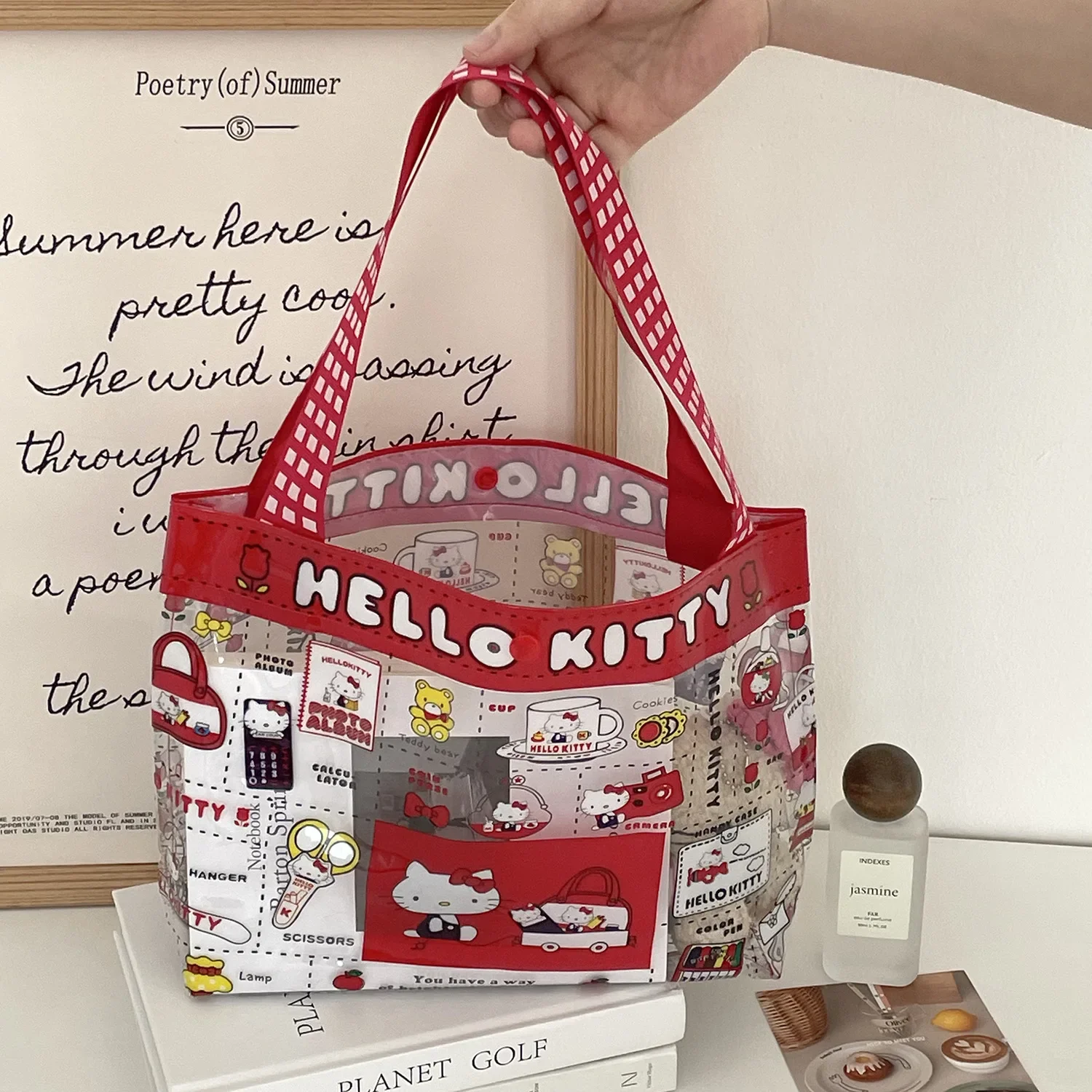 

Kawaii Cartoon Red Hellokitty Handbag Girl Cute PVC Transparent Large Capacity Portable Makeup Bag Storage Bag