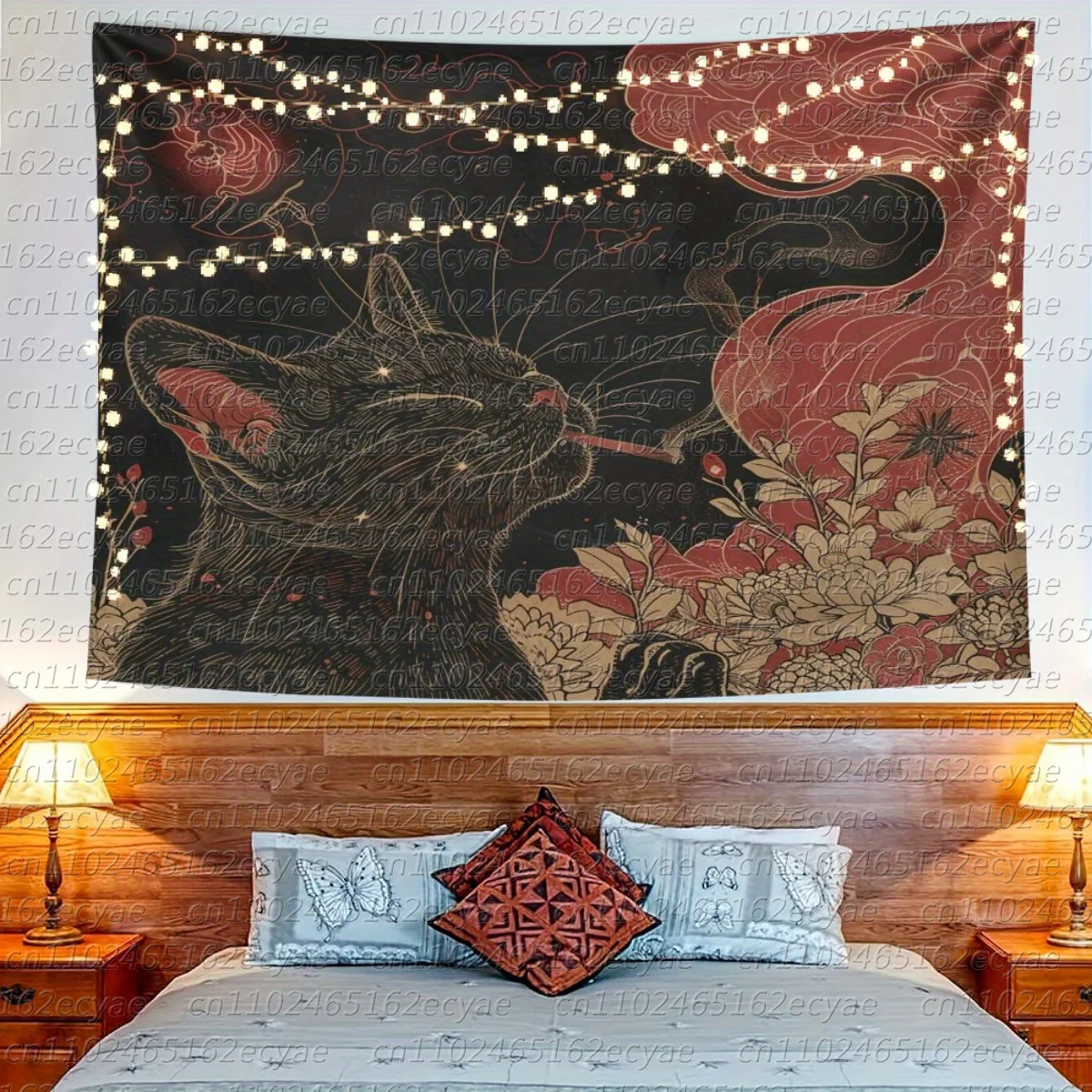 1pc Schwarze Katze Rauchen Unter Mond Floral Tapisserie Wandbehang Horizontale Decke Montiert Dekor für Wohnzimmer Schlafzimmer