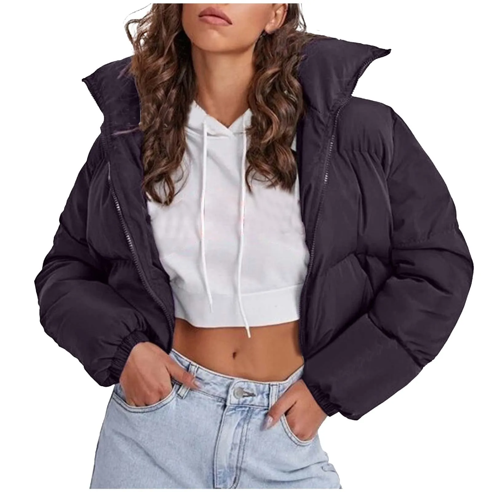 Women's Winter Cropped Jacket Long Sleeve Stand Collar Zip Up Short Down Coats Winter Quilted Coats for Women Puffer Jacket