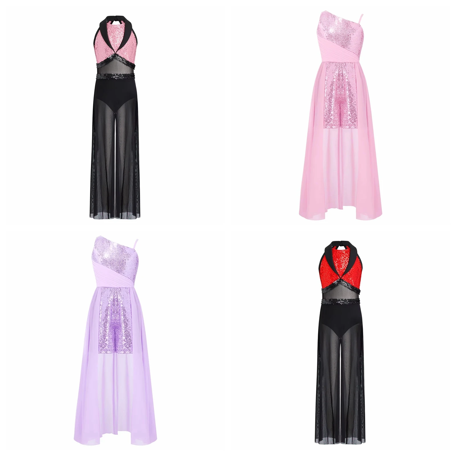 

Kids Girls Ballet Dance Leotard Sequin Patchwork Mesh Bodysuit Modern Lyrical Dance Costume Jumpsuit Artistic Skating Bodysuits