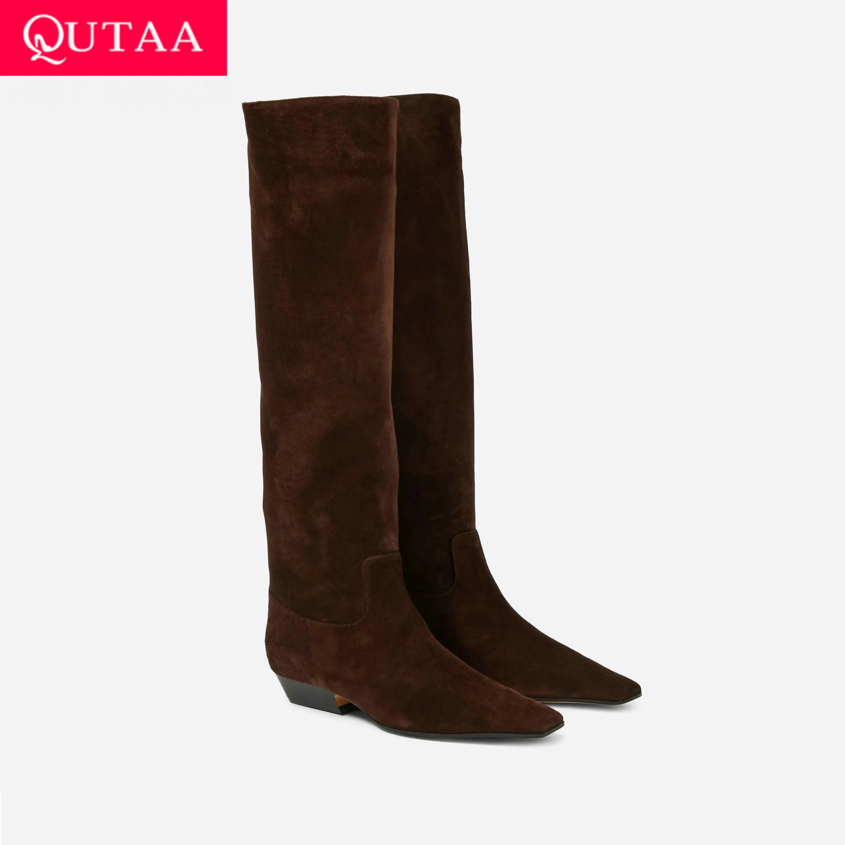

QUTAA 2026 Fashion News Women Knee High Boots Cow Leather Low Heel Square Toe Long Boots Winter Woman Dress Shoes Black 34-43